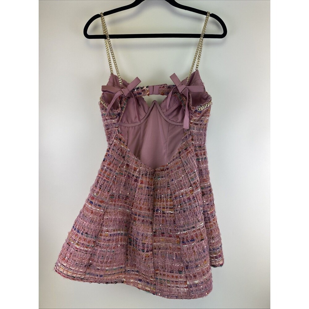 For Love & Lemons Celine Tweed Chain Mini Dress Pink Flare Party Summer Fun XL - Picture 6 of 16